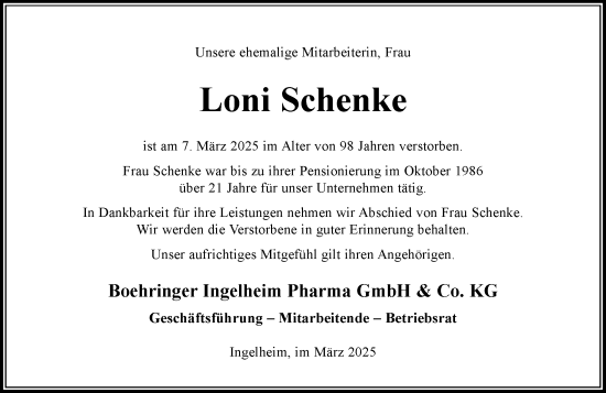 Traueranzeige von Loni Schenke von Allgemeine Zeitung Rheinhessen-Nahe
