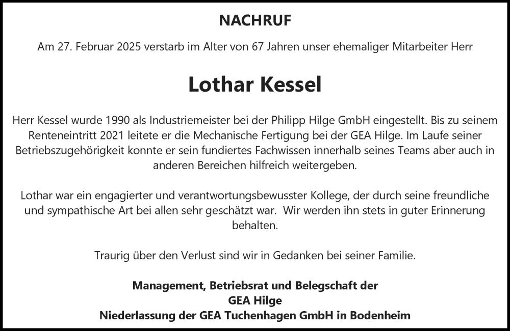  Traueranzeige für Lothar Kessel vom 15.03.2025 aus Allgemeine Zeitung Mainz