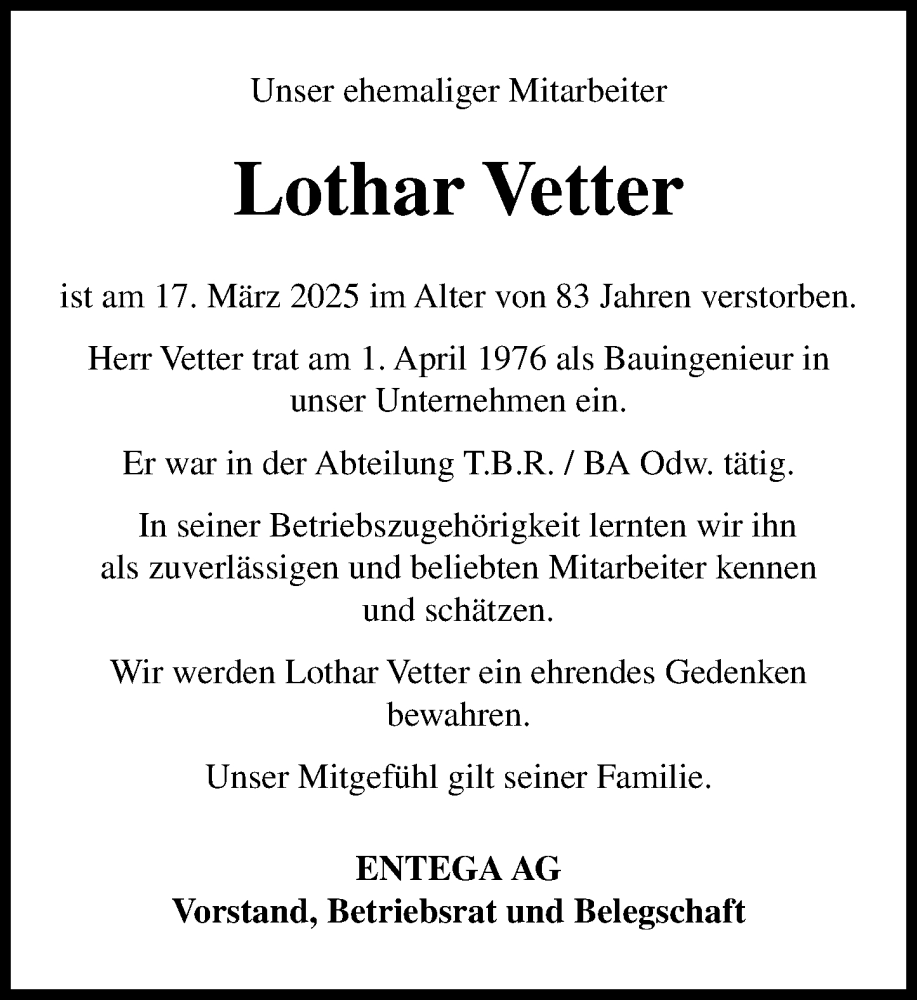  Traueranzeige für Lothar Vetter vom 29.03.2025 aus Odenwälder Echo