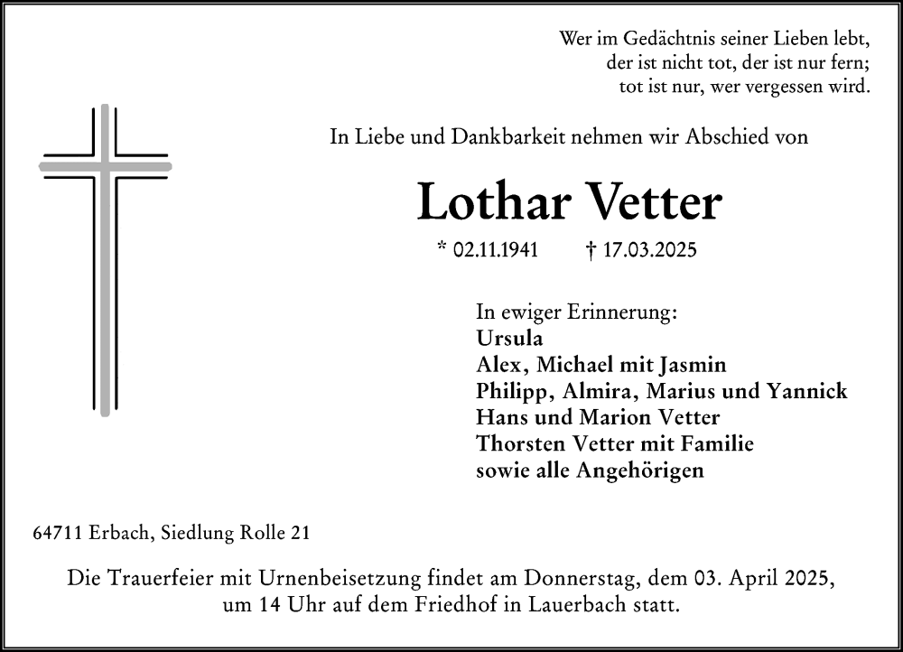  Traueranzeige für Lothar Vetter vom 29.03.2025 aus Odenwälder Echo