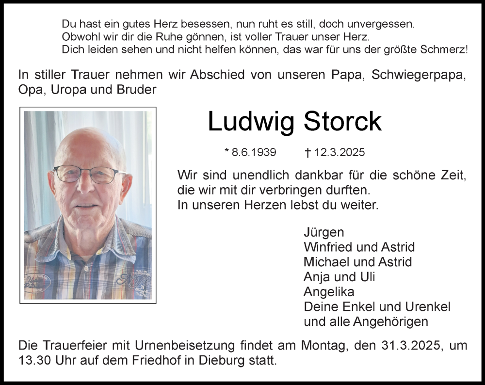  Traueranzeige für Ludwig Storck vom 29.03.2025 aus Dieburger Anzeiger/Groß-Zimmerner Lokal-Anzeiger