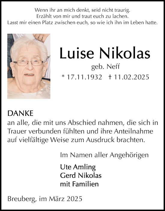 Traueranzeige von Luise Nikolas von Odenwälder Echo