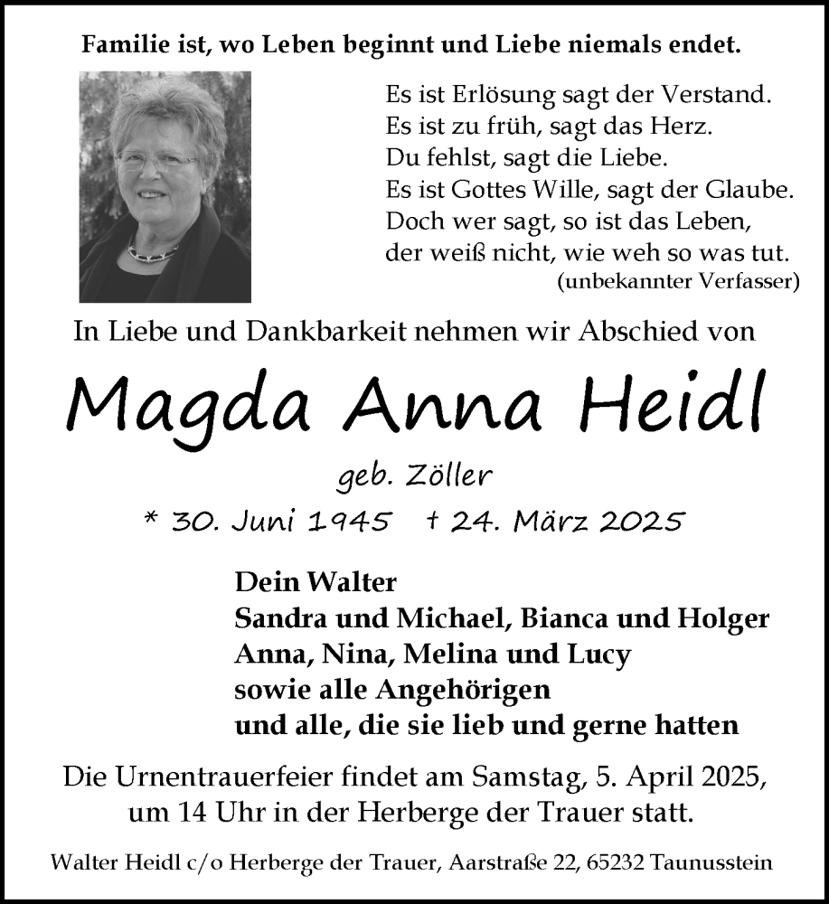  Traueranzeige für Magda Anna Heidl vom 27.03.2025 aus Camberger Anzeiger