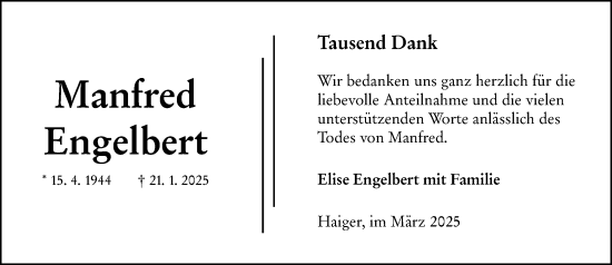 Traueranzeige von Manfred Engelbert von Dill Block