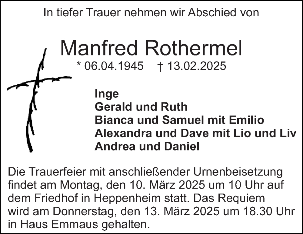  Traueranzeige für Manfred Rothermel vom 01.03.2025 aus Starkenburger Echo
