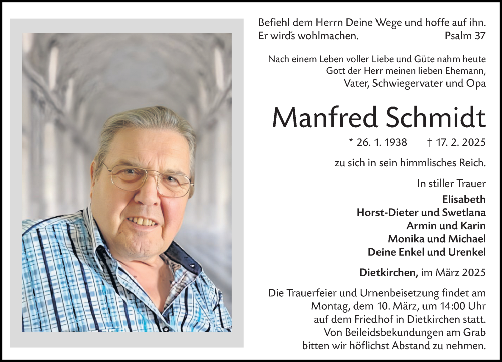  Traueranzeige für Manfred Schmidt vom 01.03.2025 aus Nassauische Neue Presse