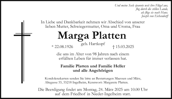 Traueranzeige von Marga Platten von Allgemeine Zeitung Rheinhessen-Nahe