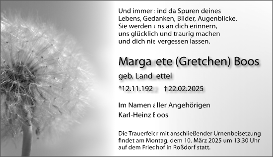 Traueranzeige von Margarete Boos von Darmstädter Echo