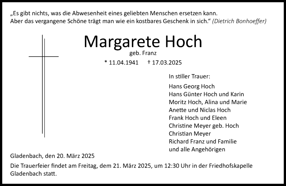  Traueranzeige für Margarete Hoch vom 20.03.2025 aus Hinterländer Anzeiger