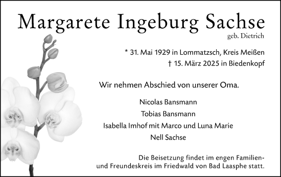 Traueranzeige von Margarete Ingeburg Sachse von Hinterländer Anzeiger