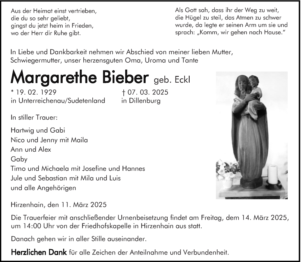  Traueranzeige für Margarethe Bieber vom 11.03.2025 aus Dill Block