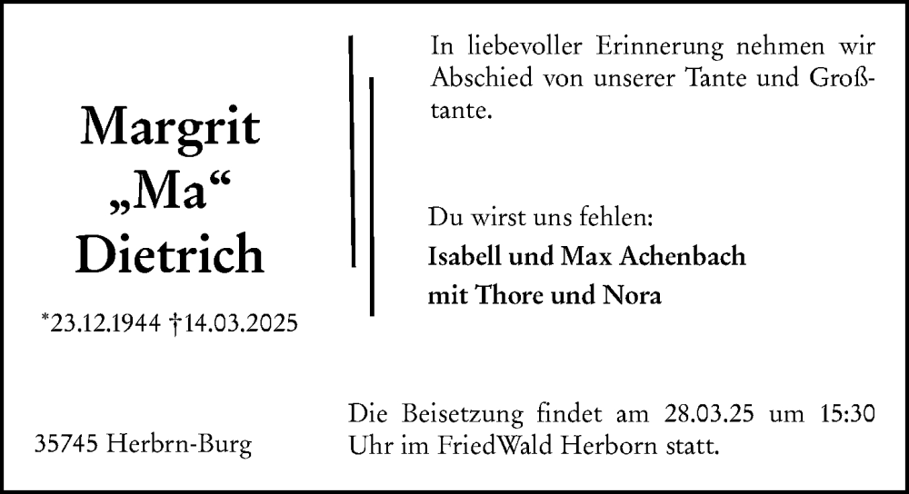 Traueranzeige für Margrit Dietrich vom 22.03.2025 aus Dill Block