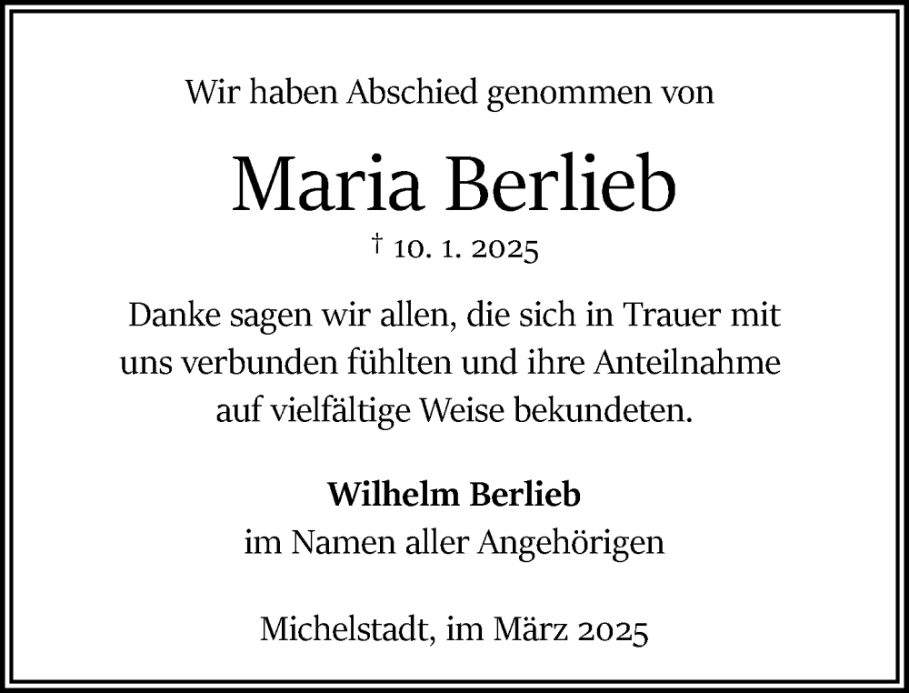  Traueranzeige für Maria Berlieb vom 08.03.2025 aus Odenwälder Echo