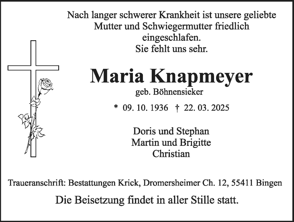  Traueranzeige für Maria Knapmeyer vom 29.03.2025 aus Allgemeine Zeitung Rheinhessen-Nahe