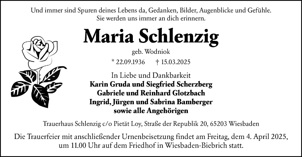  Traueranzeige für Maria Schlenzig vom 22.03.2025 aus Wiesbadener Kurier