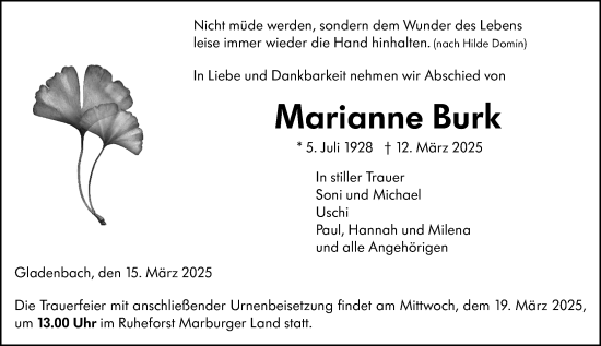 Traueranzeige von Marianne Burk von Hinterländer Anzeiger