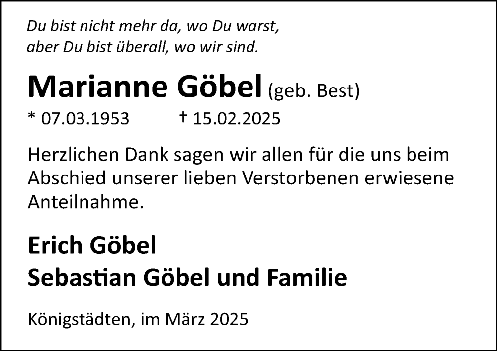 Traueranzeige für Marianne Göbel vom 08.03.2025 aus Rüsselsheimer Echo