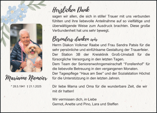 Traueranzeige von Marianne Niemeier von Odenwälder Echo