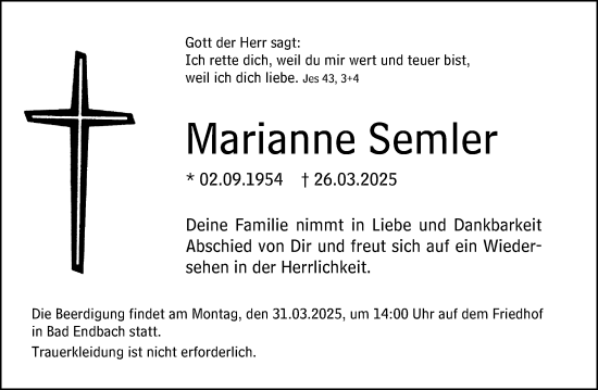 Traueranzeige von Marianne Semler von Hinterländer Anzeiger
