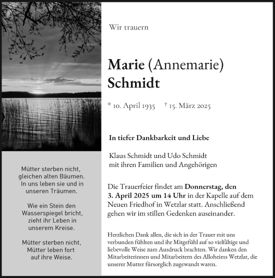 Traueranzeige von Marie Schmidt von Wetzlarer Neue Zeitung
