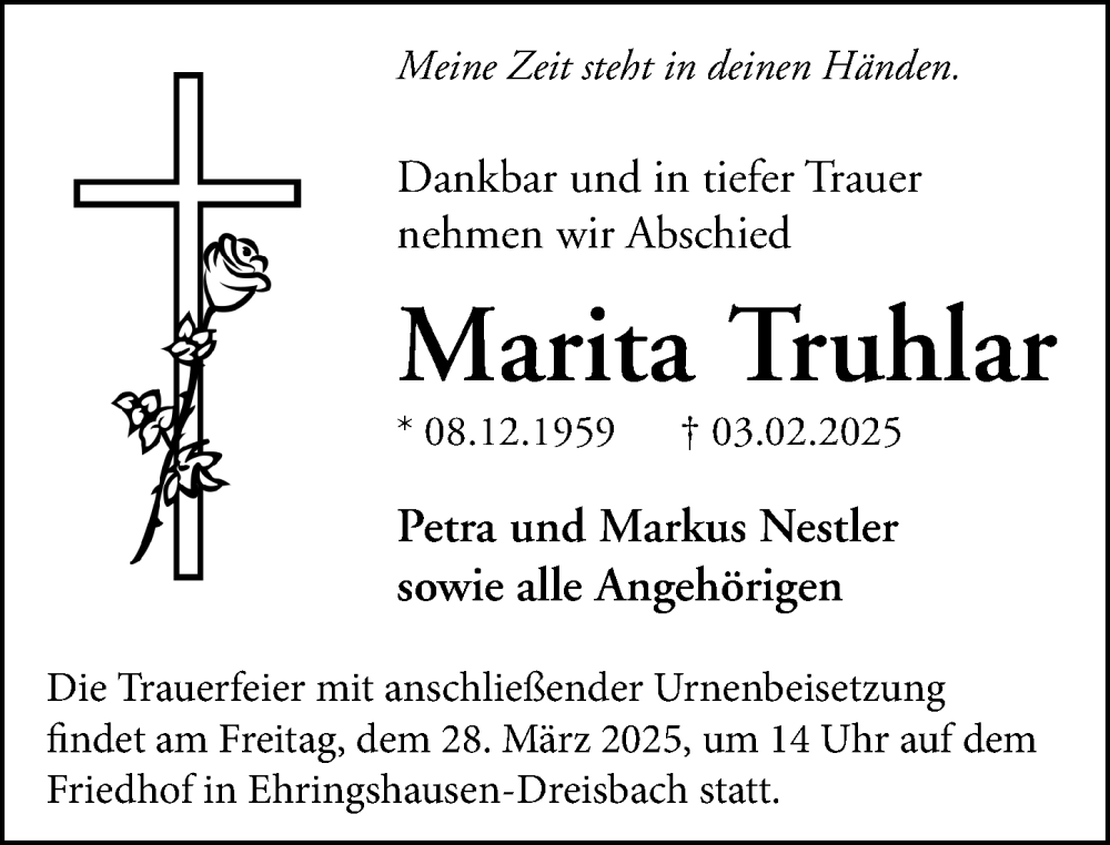  Traueranzeige für Marita Truhlar vom 22.03.2025 aus Wetzlarer Neue Zeitung
