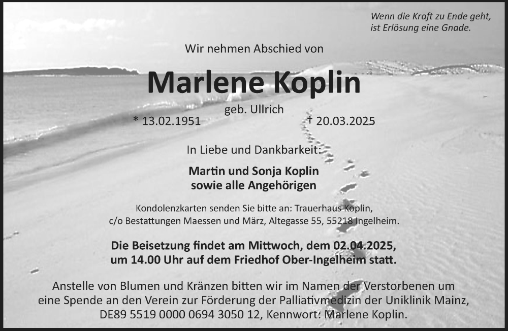  Traueranzeige für Marlene Koplin vom 29.03.2025 aus Allgemeine Zeitung Rheinhessen-Nahe