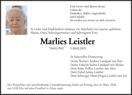 Traueranzeige von Marlies Leistler von Allgemeine Zeitung Mainz