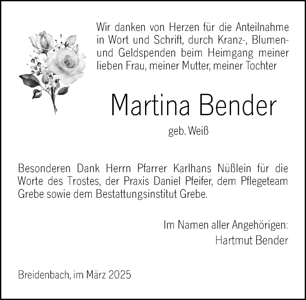  Traueranzeige für Martina Bender vom 15.03.2025 aus Hinterländer Anzeiger