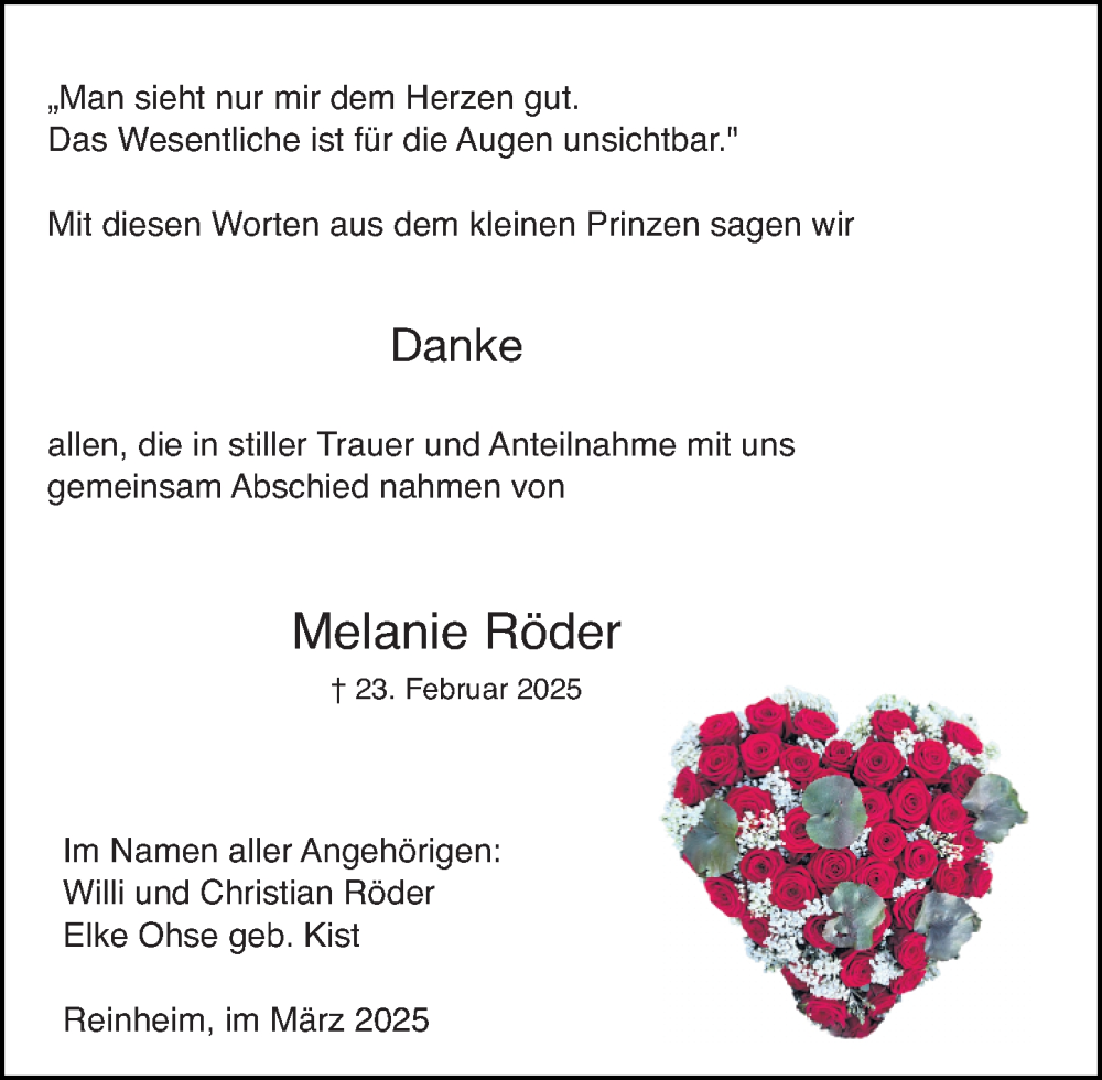  Traueranzeige für Melanie Röder vom 22.03.2025 aus Darmstädter Echo