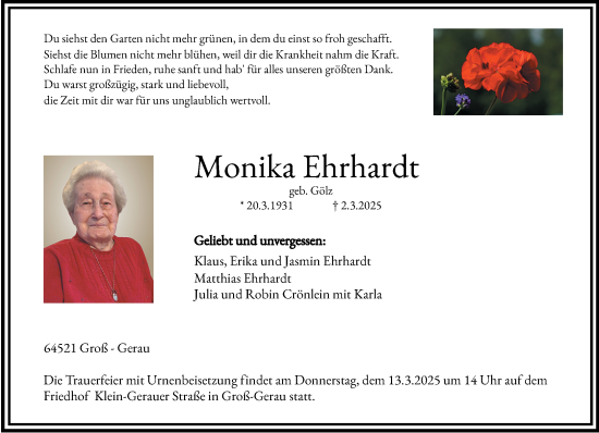 Traueranzeige von Monika Ehrhardt von Groß-Gerauer Echo
