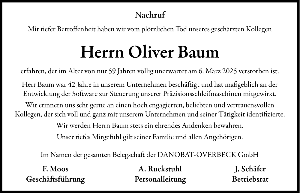  Traueranzeige für Oliver Baum vom 22.03.2025 aus Dill Block