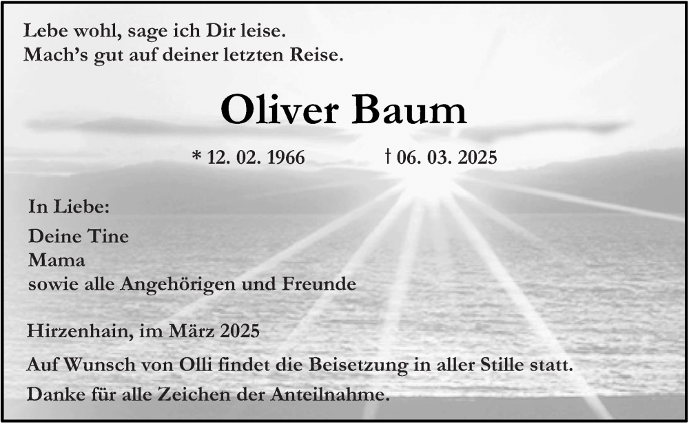  Traueranzeige für Oliver Baum vom 12.03.2025 aus Dill Block
