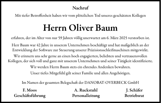 Traueranzeige von Oliver Baum von Dill Block