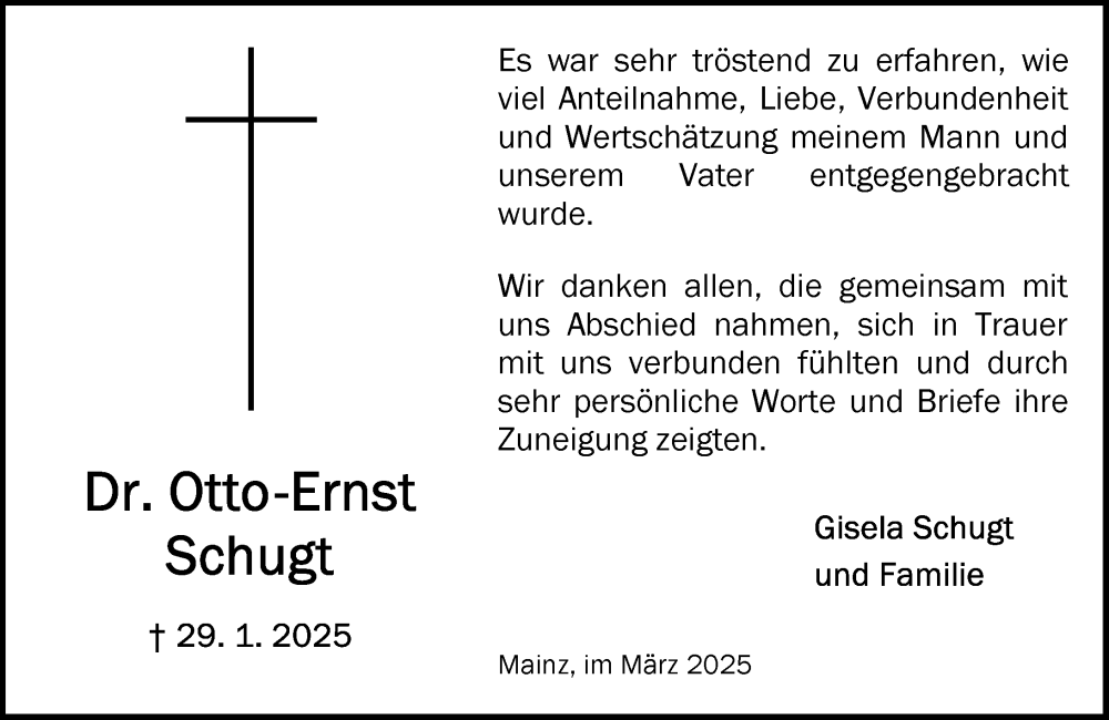  Traueranzeige für Otto-Ernst Schugt vom 08.03.2025 aus Allgemeine Zeitung Mainz