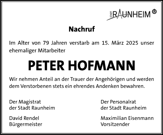Traueranzeige von Peter Hofmann von Rüsselsheimer Echo