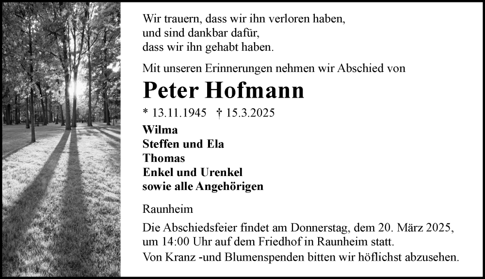  Traueranzeige für Peter Hofmann vom 18.03.2025 aus Rüsselsheimer Echo