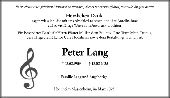 Traueranzeige von Peter Lang von Hochheimer Zeitung