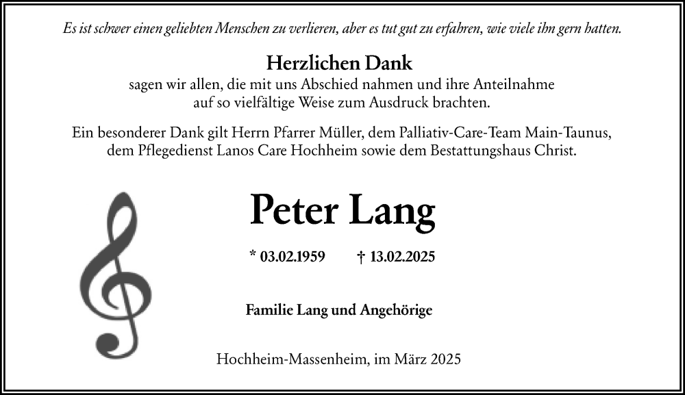  Traueranzeige für Peter Lang vom 07.03.2025 aus Hochheimer Zeitung