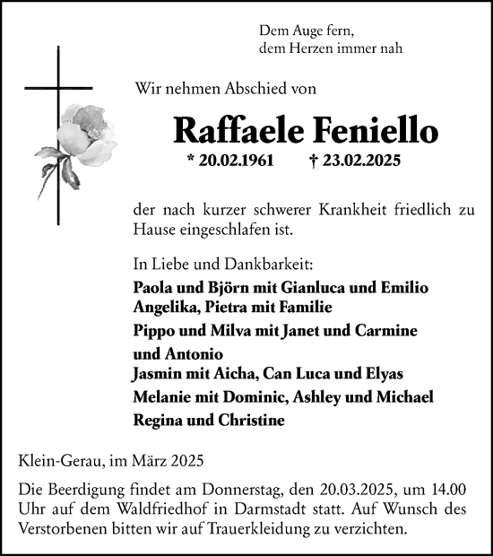 Traueranzeige von Raffaele Feniello von Darmstädter Echo