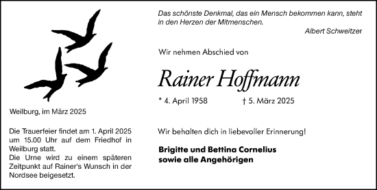 Traueranzeige von Rainer Hoffmann von Weilburger Tageblatt