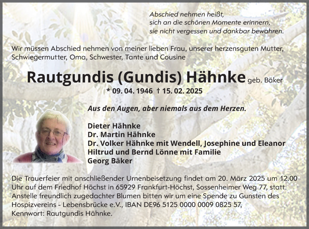  Traueranzeige für Rautgundis Hähnke vom 14.03.2025 aus Hochheimer Zeitung