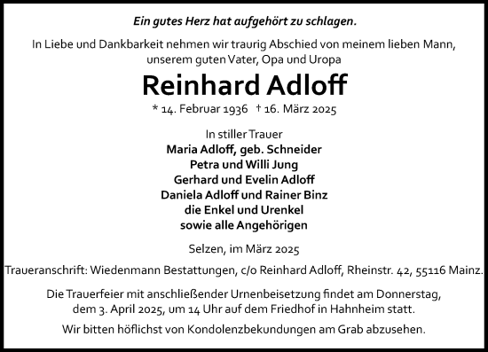 Traueranzeige von Reinhard Adloff von Allgemeine Zeitung Mainz