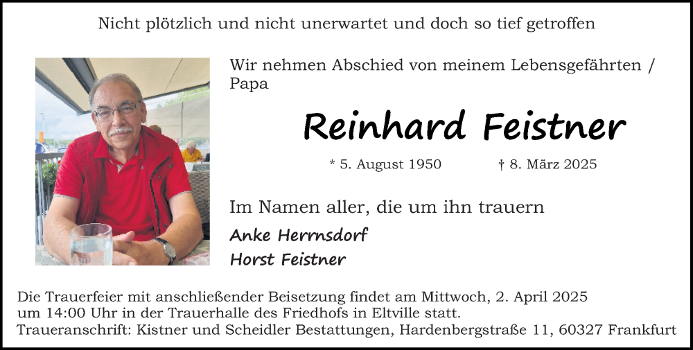  Traueranzeige für Reinhard Feistner vom 22.03.2025 aus Wiesbadener Kurier