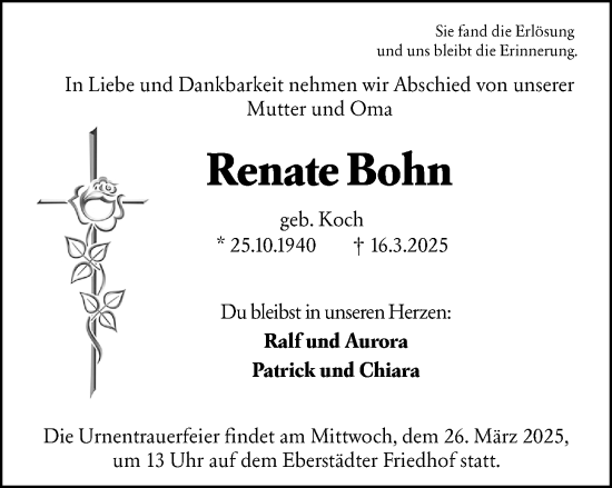 Traueranzeige von Renate Bohn von Darmstädter Echo