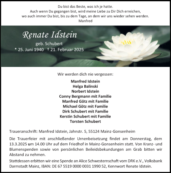 Traueranzeige von Renate Idstein von Allgemeine Zeitung Mainz