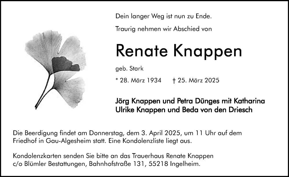  Traueranzeige für Renate Knappen vom 29.03.2025 aus Allgemeine Zeitung Rheinhessen-Nahe