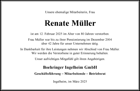 Traueranzeige von Renate Müller von Allgemeine Zeitung Rheinhessen-Nahe