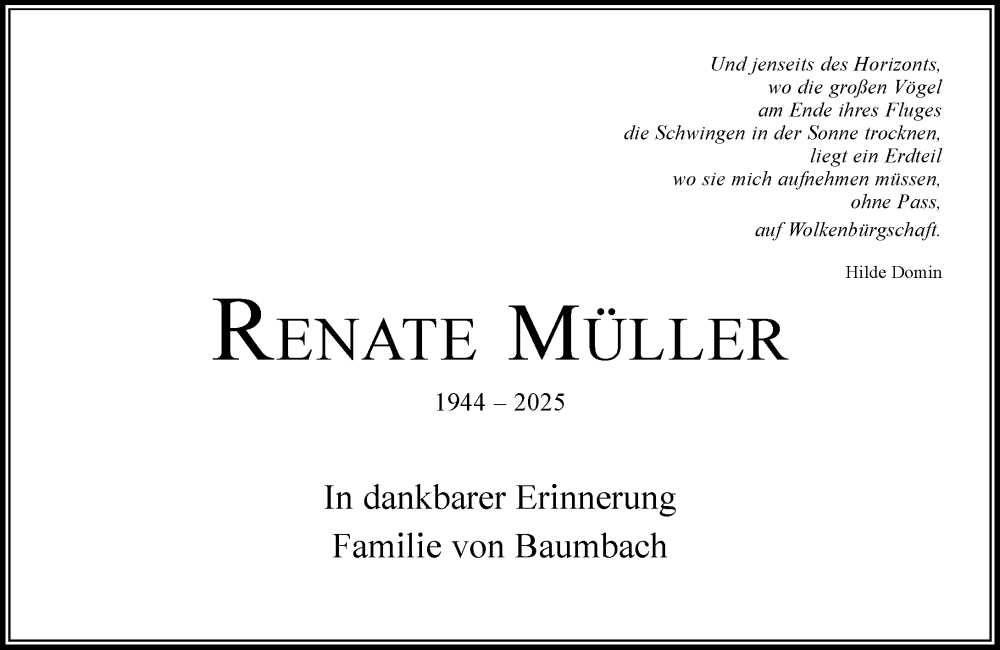  Traueranzeige für Renate Müller vom 08.03.2025 aus Allgemeine Zeitung Rheinhessen-Nahe