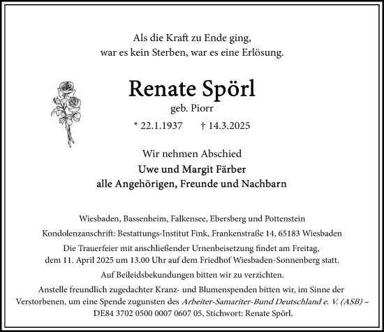 Traueranzeige von Renate Spörl von Wiesbadener Kurier