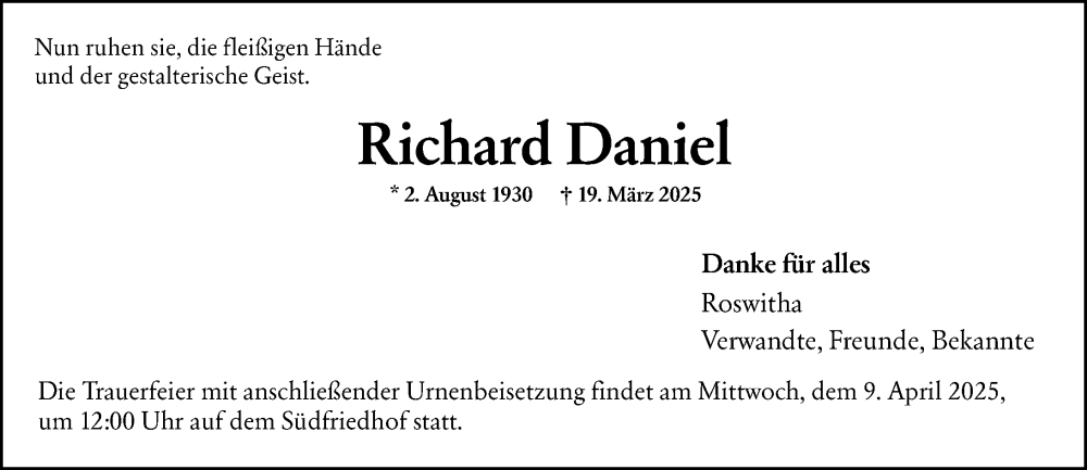  Traueranzeige für Richard Daniel vom 29.03.2025 aus Wiesbadener Kurier